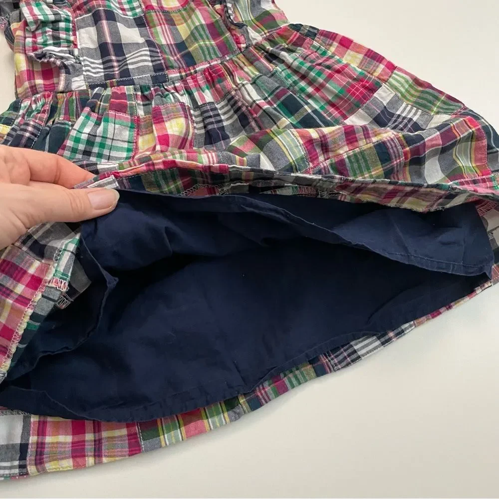 Ralph Lauren Dress Madras Plaid Ruffle Lined Cotton Sleeveless Blue Pink Green